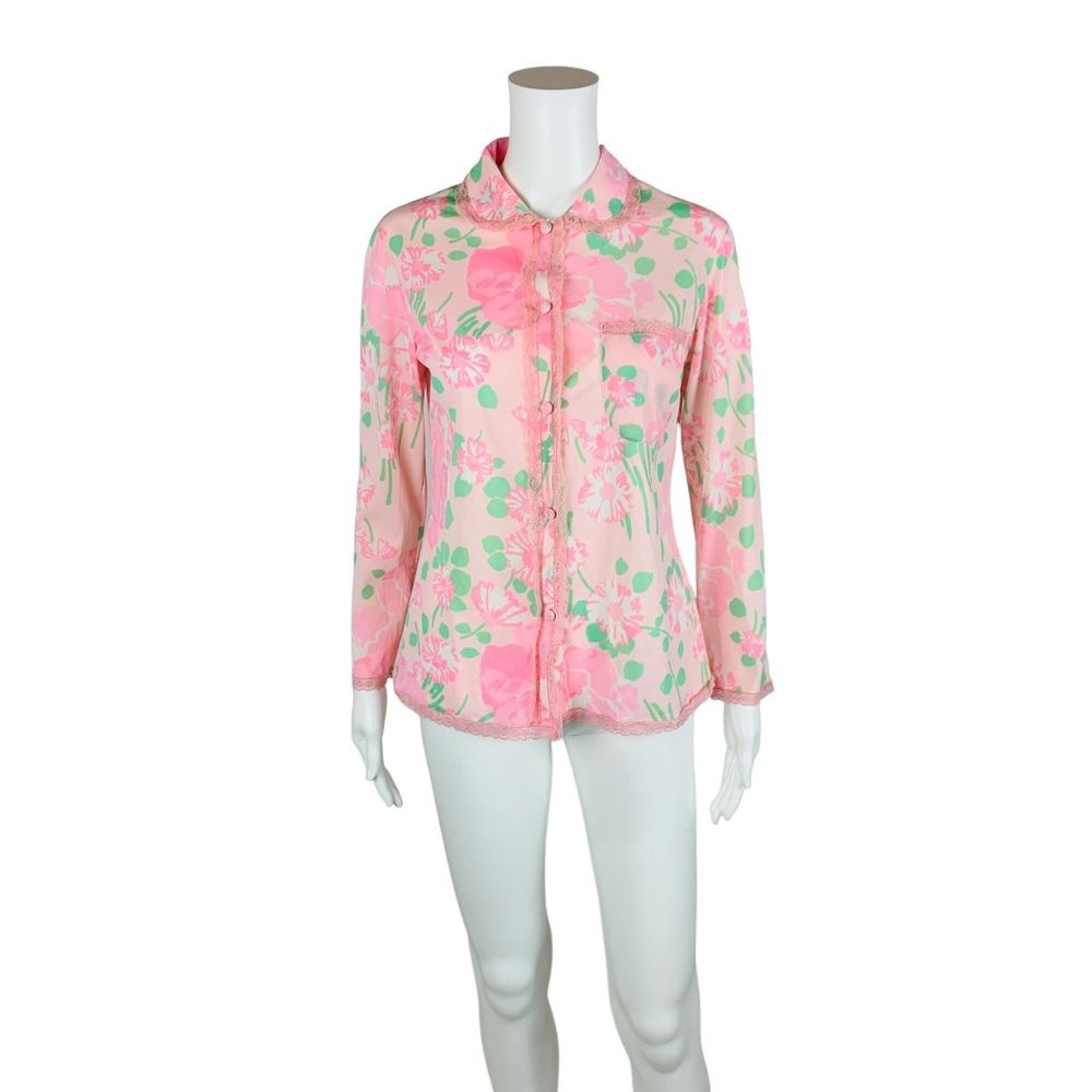 Vintage 60s Sleepshirt Pink Floral Print Lace Long Sleeve Top